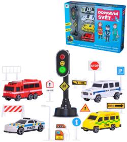 Auta záchranné složky set 4ks + dopravní značky a semafor na baterie Světlo