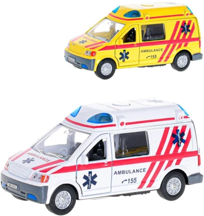 Auto ambulance CZ zpětný chod 14cm na baterie Světlo Zvuk 2 barvy kov Auto ambulance CZ zpětný chod 14cm na baterie Světlo Zvuk 2 barvy kov