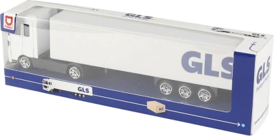 Auto bílý kamion přeprava zásilek GLS kovový s přívěsem volný chod
