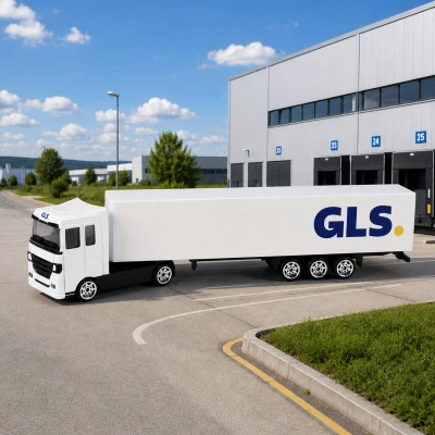 Auto bílý kamion přeprava zásilek GLS kovový s přívěsem volný chod