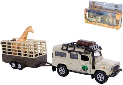 Auto kovové Land Rover Defender zpětný chod Safari set s přívěsem a žirafou Auto kovové Land Rover Defender zpětný chod Safari set s přívěsem a žirafou
