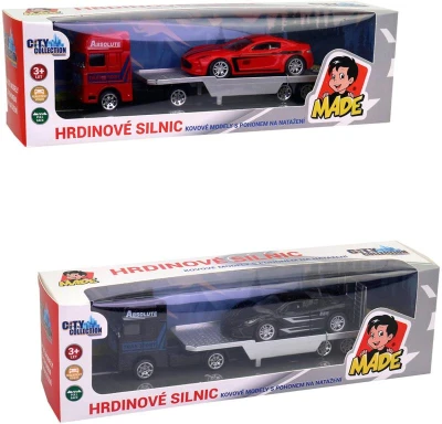 Auto odtahovka kovová 18cm set tahač s přívěsem a automobilem 4 druhy