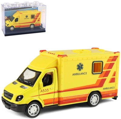 Auto sanitka kovová žlutá ambulance zpětný chod v plastovém boxu Auto sanitka kovová žlutá ambulance zpětný chod v plastovém boxu