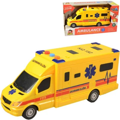 Auto sanitka žlutá na setrvačník 19cm ambulance na baterie Světlo Zvuk CZ Auto sanitka žlutá na setrvačník 19cm ambulance na baterie Světlo Zvuk CZ