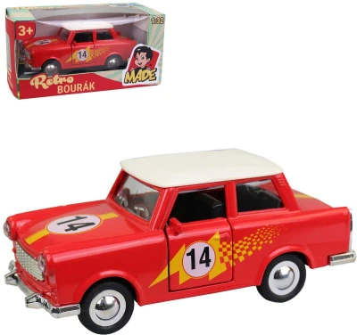 Auto Trabant kovový 12cm červený retro bourák 1:32 v krabici Auto Trabant kovový 12cm červený retro bourák 1:32 v krabici