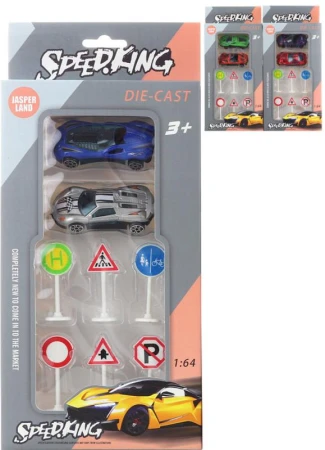 Auto závodní kovové 1:64 set 2ks s dopravními značkami 3 druhy Auto závodní kovové 1:64 set 2ks s dopravními značkami 3 druhy