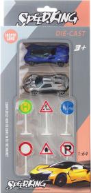 Auto závodní kovové 1:64 set 2ks s dopravními značkami 3 druhy