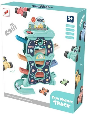 Autodráha sjezdová poschoďová 33x38cm set s 8 autíčky plast Autodráha sjezdová poschoďová 33x38cm set s 8 autíčky plast