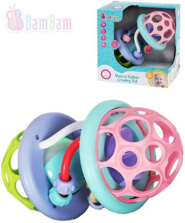 Bam Bam Baby koule hudební gumová kousátko a chrastítko pro miminko Bam Bam Baby koule hudební gumová kousátko a chrastítko pro miminko
