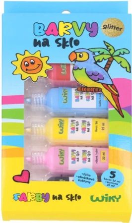 Barvy na sklo glitter se třpytkami set 5x 22ml + černá kontura se šablonami