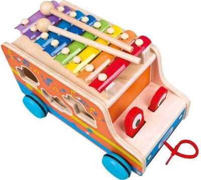 Bino DŘEVO Baby auto vkládačka s xylofonem 3v1 (dřevěná hračka)