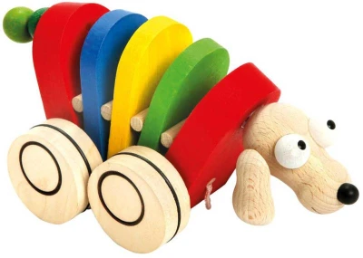 Bino DŘEVO Baby Pes tahací 19cm na kolečkách (dřevěná hračka)