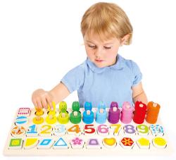 Bino DŘEVO Hra edukativní vkládací a navlékací tvary rybolov na desce