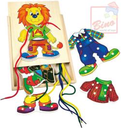 Bino DŘEVO Lvíček Leo první šití (dřevěná hračka)