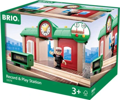 Brio DŘEVO Vlaková stanice set s výpravčím funkce nahrávání REC Světlo Zvuk