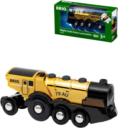 Brio Mohutná zlatá akční lokomotiva 14cm volný chod / na baterie Světlo Zvuk Brio Mohutná zlatá akční lokomotiva 14cm volný chod / na baterie Světlo Zvuk