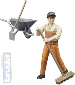 Bruder 62130 Figurka komunální pracovník 11cm set s kolečky a nářadím plast