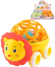 Chrastítko autíčko zvířátko lev 14cm volný chod plast pro miminko 2 druhy