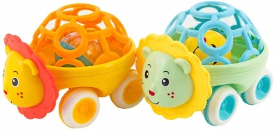 Chrastítko autíčko zvířátko lev 14cm volný chod plast pro miminko 2 druhy
