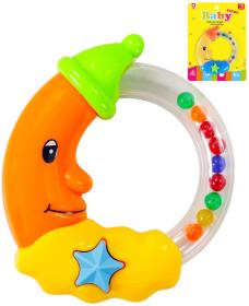 Chrastítko baby měsíček pro miminko na kartě 4 barvy plast