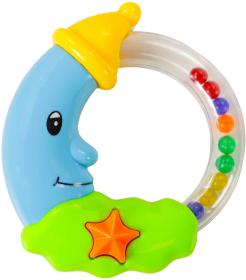 Chrastítko baby měsíček pro miminko na kartě 4 barvy plast