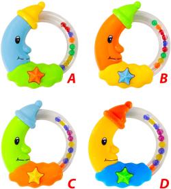 Chrastítko baby měsíček pro miminko na kartě 4 barvy plast