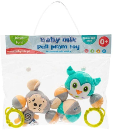 Chrastítko baby zábrana do kočárku myš + sova mix závěs pro miminko