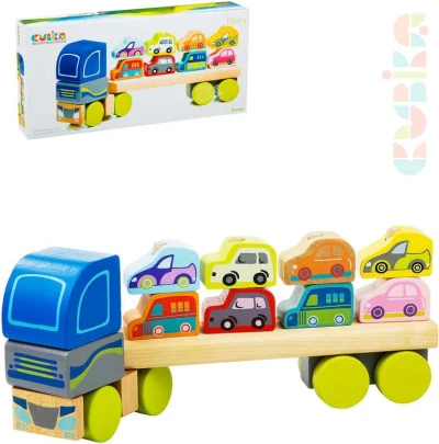 Cubika DREVO Baby autíčko Kamión s autami navliekačka stavebnica set 12 dielikov Cubika DREVO Baby autíčko Kamión s autami navliekačka stavebnica set 12 dielikov