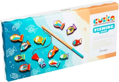 Cubika DŘEVO Baby hra dětský Rybolov 14 dílků set 2 pruty + 12 rybiček