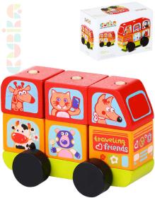 Cubika DŘEVO Baby Minibus šťastná zvířátka navlékací stavebnice set 7 dílků