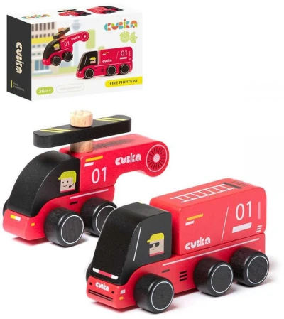 Cubika DŘEVO Hasiči set autíčko + vrtulník (dřevěná hračka)