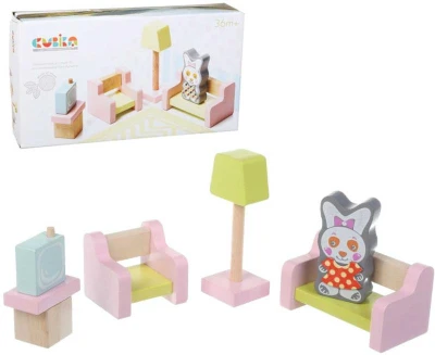 Cubika DŘEVO Obývací pokoj nábytek pro panenky s figurkou a magnetickými oblečky