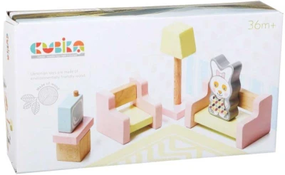 Cubika DŘEVO Obývací pokoj nábytek pro panenky s figurkou a magnetickými oblečky