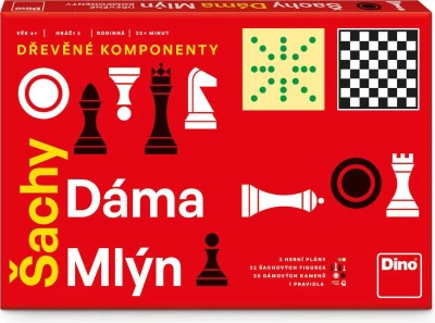 Dino DŘEVO Hra Šachy, Dáma, Mlýn 3v1 (společenská hra)