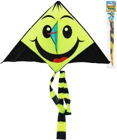 Drak létající smíšek 140cm žlutočerný smajlík s třásněmi nylonový