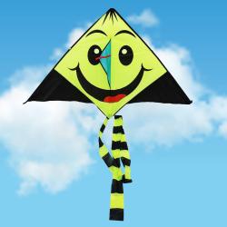 Drak létající smíšek 140cm žlutočerný smajlík s třásněmi nylonový