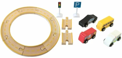 DŘEVO Autíčka městská vozidla 4ks set s dráhou (dřevěná hračka)