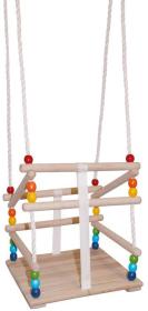 DŘEVO Baby houpačka závěsná se zábranou natur duhová pro nejmenší