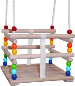 DŘEVO Baby houpačka závěsná se zábranou natur duhová pro nejmenší