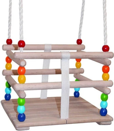 DŘEVO Baby houpačka závěsná se zábranou natur duhová pro nejmenší