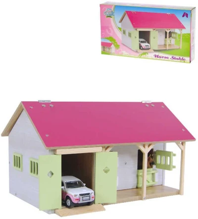 DŘEVO Farma stáj pro koně 34x22x19cm s garáží (dřevěná hračka)