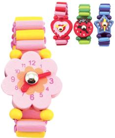 DŘEVO Hodinky barevné veselé náramkové 7cm 4 druhy (dřevěná hračka)