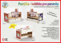 DŘEVO Postýlka kolébka pro panenky miminko 3v1 přebalovací pultík