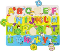 DŘEVO Puzzle vkládací písmena vkládačka na desce (dřevěná hračka)