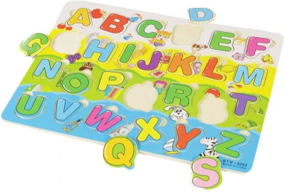 DŘEVO Puzzle vkládací písmena vkládačka na desce (dřevěná hračka)