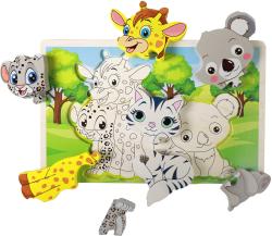 DŘEVO PUZZLE Zvířátka 3D vkládací 8 dílků na desce (dřevěná hračka)