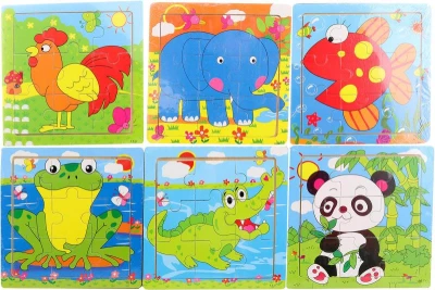 DŘEVO Puzzle zvířátka vkládací na desce 9 dílků 6 druhů