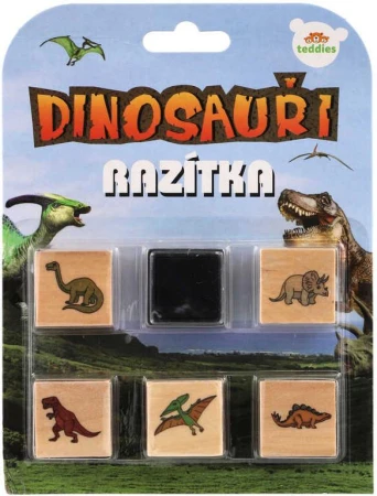 DŘEVO Razítka 3cm dřevěná 5+1 s poduškou Dinosauři na kartě