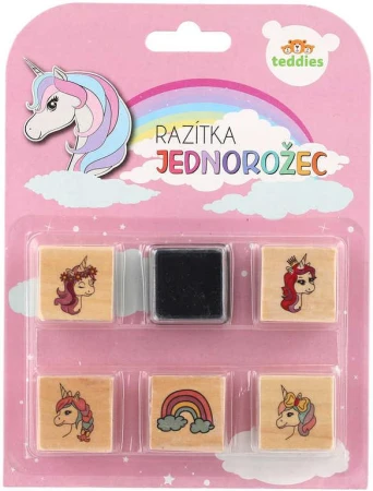 DŘEVO Razítka 3cm dřevěná 5+1 s poduškou Jednorožci na kartě