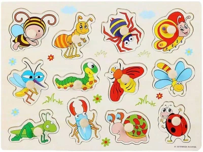 DŘEVO Vkládačka hmyz puzzle vkládací 12 dílků s úchyty na desce